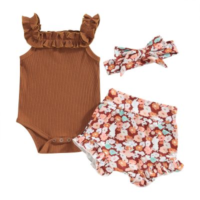 Newborn Baby Girl Clothes Floral Print Sleeveless Knit Romper Ruffle Bloomer Shorts Headband Set Infant Summer Outfits (C-Brown, 12-18 Months)