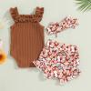 Newborn Baby Girl Clothes Floral Print Sleeveless Knit Romper Ruffle Bloomer Shorts Headband Set Infant Summer Outfits (C-Brown, 12-18 Months) view 3