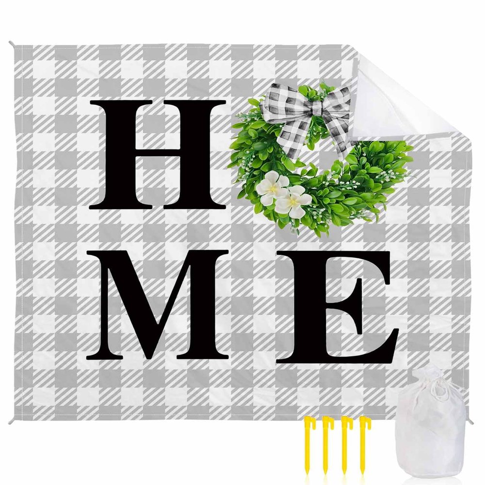 Beach Blanket, HOME Rustic Vintage Green Wreath Boxwood Gray Plaid Beach Mat 83"x79" Large Picnic Blanket,Sandproof Waterproof Outdoor Beach Blankets for Travel Camping Hiking Beach Vacation