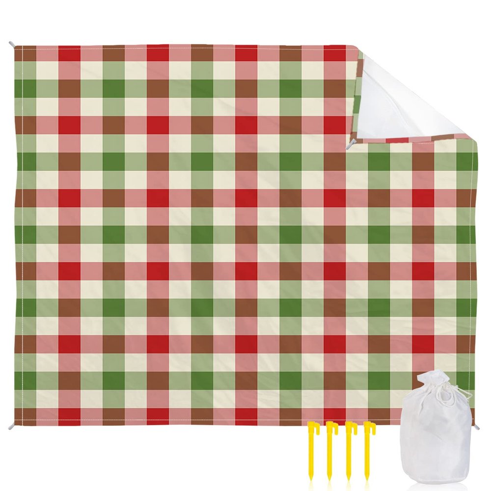 Beach Blanket, Christmas Winter Vintage Farmhouse Red Green Plaid Beach Mat 83"x79" Large Picnic Blanket,Sandproof Waterproof Outdoor Beach Blankets for Travel Camping Hiking Beach Vacation