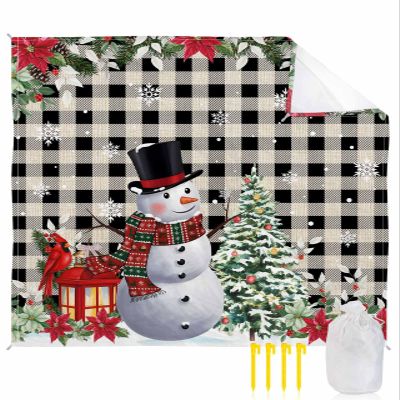 Beach Blanket, Christmas Cute Snowman with Xmas Tree Black Buffalo Plaid Beach Mat 118"x108" Large Picnic Blanket,Sandproof Waterproof Outdoor Beach Blankets for Travel Camping Hiking Beach Vacation