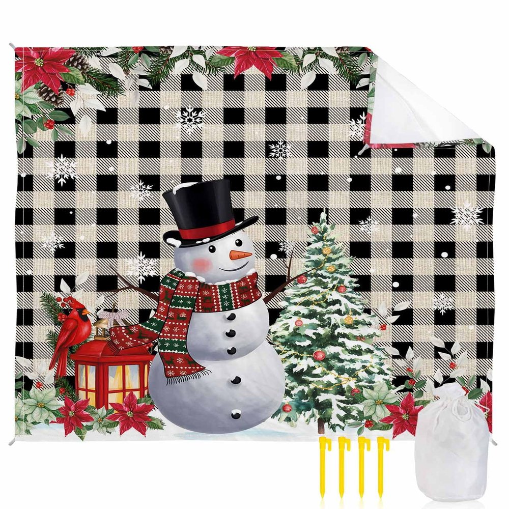 Beach Blanket, Christmas Cute Snowman with Xmas Tree Black Buffalo Plaid Beach Mat 118"x108" Large Picnic Blanket,Sandproof Waterproof Outdoor Beach Blankets for Travel Camping Hiking Beach Vacation