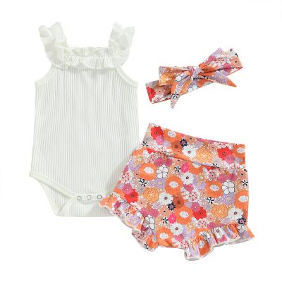 Newborn Baby Girl Clothes Floral Print Sleeveless Knit Romper Ruffle Bloomer Shorts Headband Set Infant Summer Outfits (C-White, 3-6 Months)