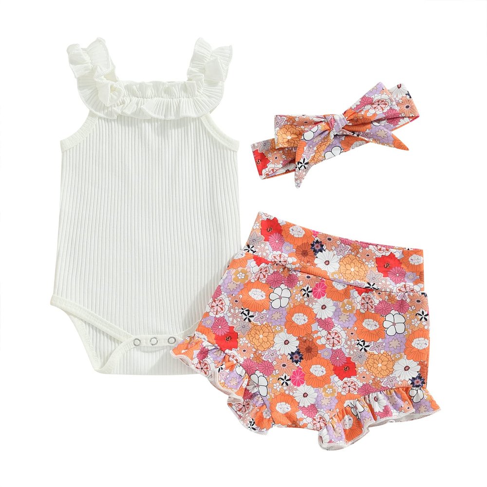 Newborn Baby Girl Clothes Floral Print Sleeveless Knit Romper Ruffle Bloomer Shorts Headband Set Infant Summer Outfits (C-White, 3-6 Months)