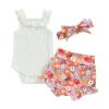 Newborn Baby Girl Clothes Floral Print Sleeveless Knit Romper Ruffle Bloomer Shorts Headband Set Infant Summer Outfits (C-White, 3-6 Months) view 1