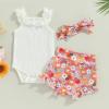 Newborn Baby Girl Clothes Floral Print Sleeveless Knit Romper Ruffle Bloomer Shorts Headband Set Infant Summer Outfits (C-White, 3-6 Months) view 2