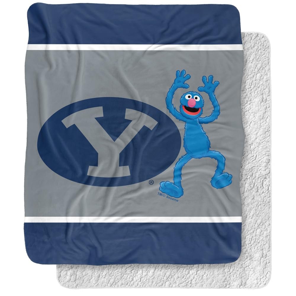 Brigham Young University x Sesame Street Blanket, 50"x60" Primary Logo & Grover Silky Touch Sherpa Back Super Soft Throw Blanket