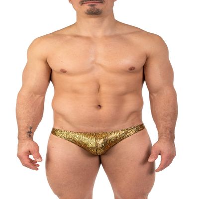 Gary Majdell Sport Mens Unique Print Contour Pouch Thong Swimsuit (Gold Snake Skin, X-Large)