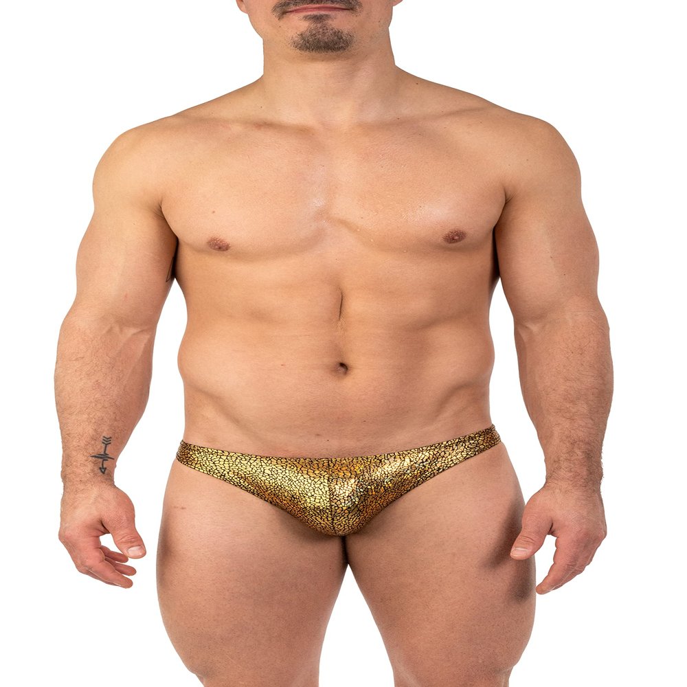 Gary Majdell Sport Mens Unique Print Contour Pouch Thong Swimsuit (Gold Snake Skin, X-Large)