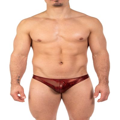 Gary Majdell Sport Mens Unique Print Contour Pouch Thong Swimsuit (Red Hologram, X-Large)