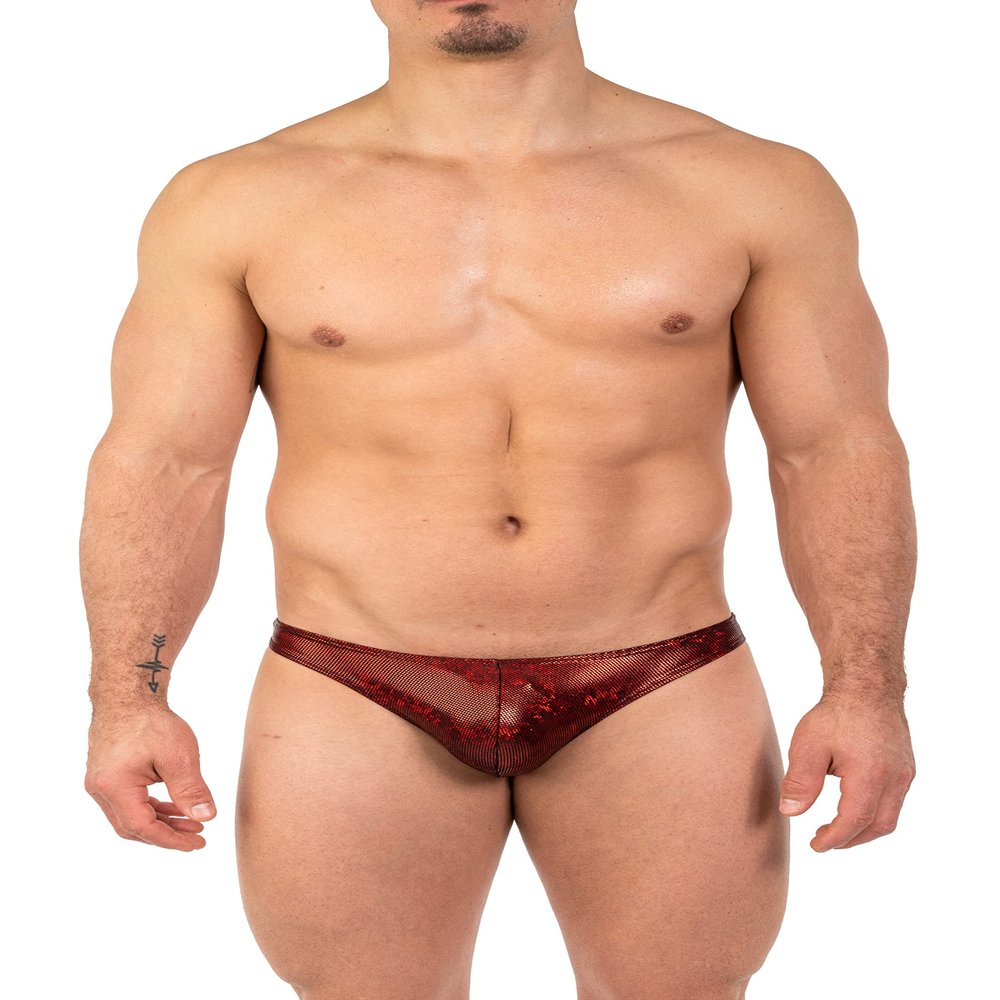 Gary Majdell Sport Mens Unique Print Contour Pouch Thong Swimsuit (Red Hologram, X-Large)