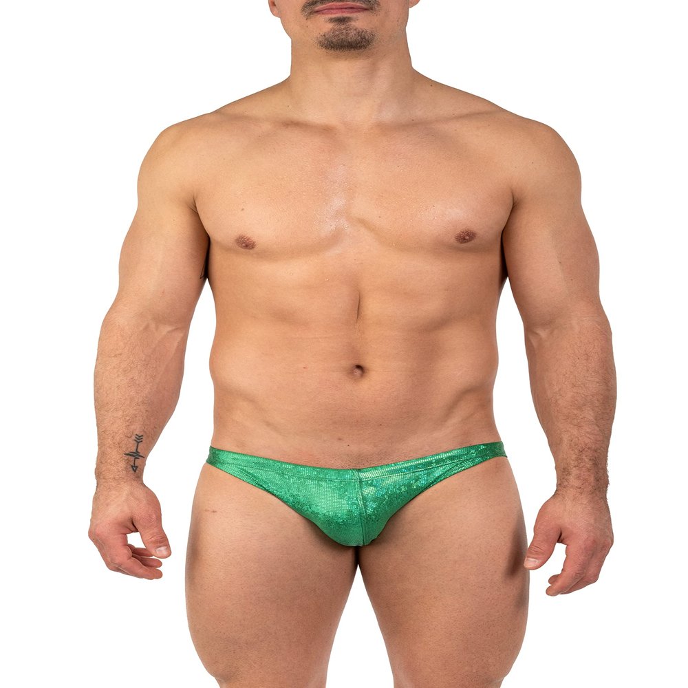 Gary Majdell Sport Mens Print Contour Pouch Greek Bikini Swimsuit (Emerald Hologram, X-Large)