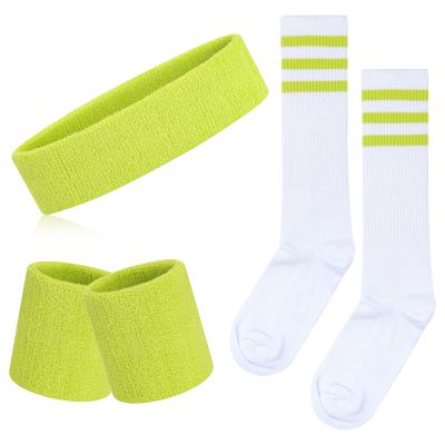 5 Pieces Sweatbands Striped Socks Set Sports Headband Wristbands High Tube Socks 80s Accessories for Men Women 80s Costumes Theme Party (Tennis Yellow/White)