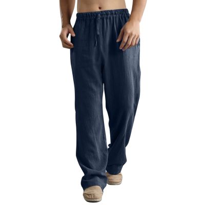 GOKKILRW Mens Cotton Linen Casual Pants Drawstring Elastic Waist Summer Loose Fit Beach Yoga Pants Trousers(Navy,XX-Large)