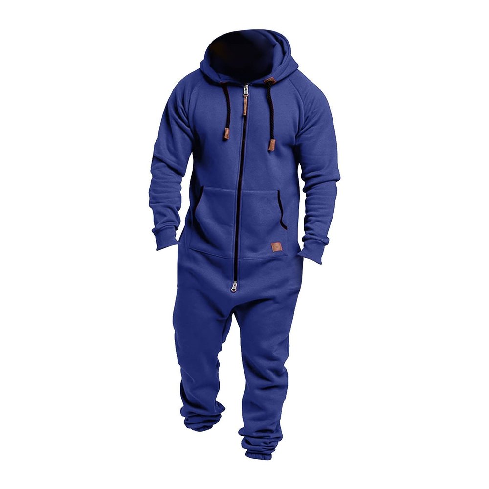 GOKKILRW Onesie Mens Hooded Jumpsuits Zip Up One Piece Rompers Workout Lounge Pajamas Playsuit Jogger Sweatsuit Overalls(Blue,Medium)