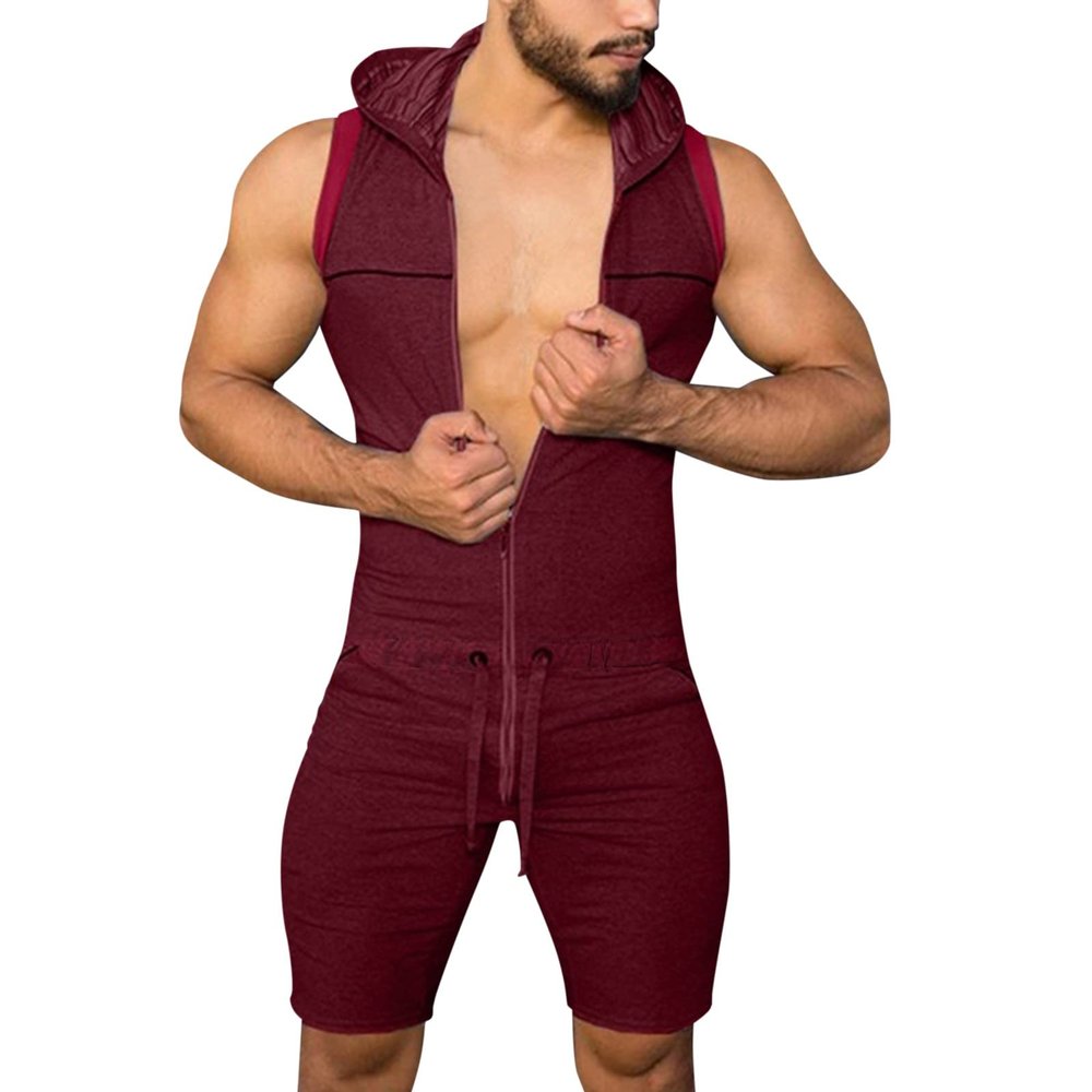 GOKKILRW Mens One Piece Shorts Jumpsuits Summer Casual Sleeveless Slim Fit Zipper Hooded Onesie Workout Rompers Bodysuits(Red,Medium)