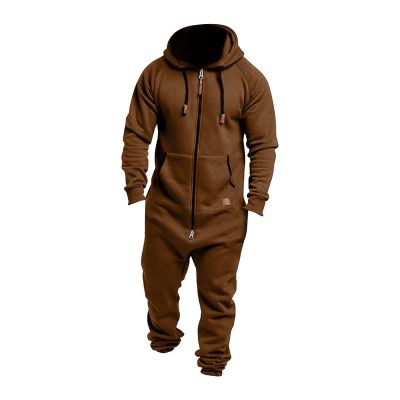 GOKKILRW Onesie Mens Hooded Jumpsuits Zip Up One Piece Rompers Workout Lounge Pajamas Playsuit Jogger Sweatsuit Overalls(Coffee,3X-Large)