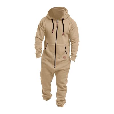 GOKKILRW Onesie Mens Hooded Jumpsuits Zip Up One Piece Rompers Workout Lounge Pajamas Playsuit Jogger Sweatsuit Overalls(Khaki,Medium)