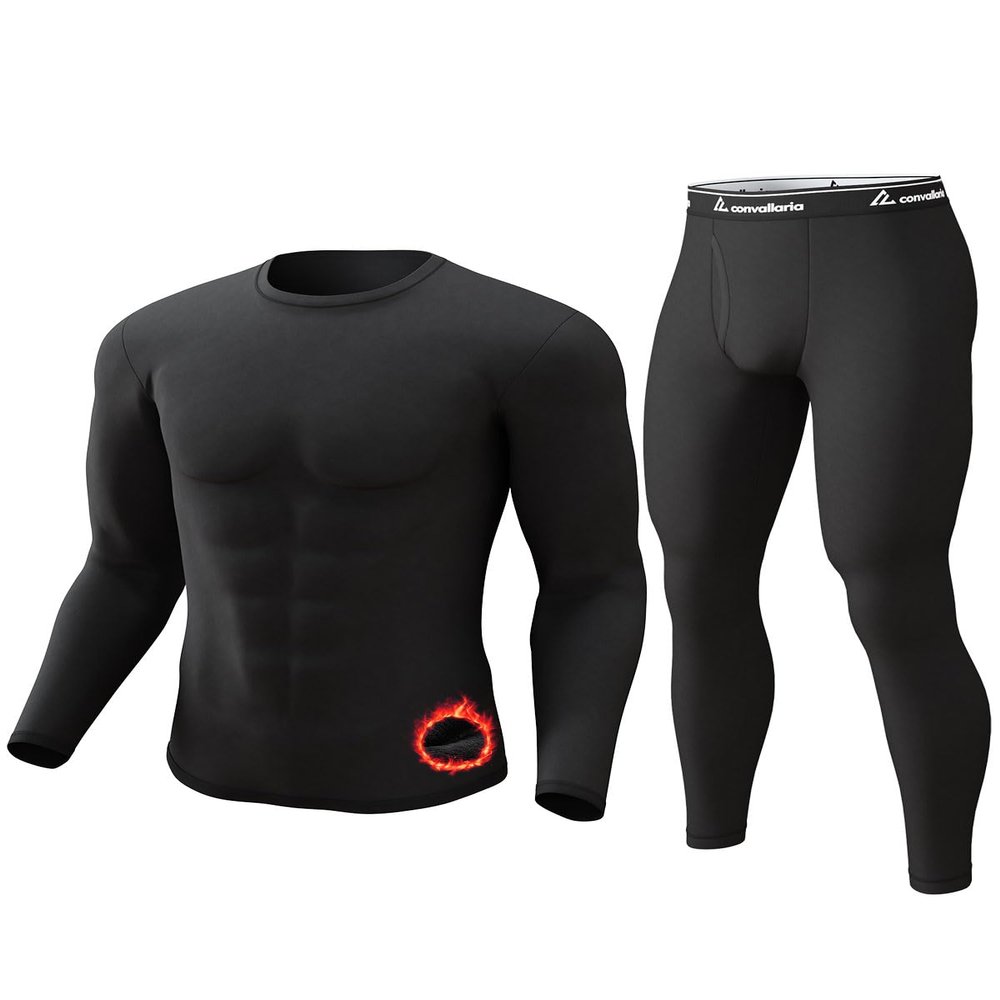 CL convallaria Long Johns Thermal Underwear for Men Soft Fleece Lined Base Layer Cold Weather Top Bottom Gift Set Heavyweight Crew Neck Black Medium