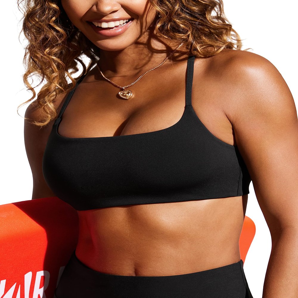 CRZ YOGA Womens Scoop Neck Bikini Tops D-DD Adjustable Spaghetti Straps Bathing Suit Padded Swimsuit Sports Bra Black XX-Small