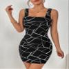 2023 Women's Dresses Geo Print Square Neck Bodycon Dress Women's Dresses (Color : Black and White, Size : Small) view 1