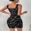 2023 Women's Dresses Geo Print Square Neck Bodycon Dress Women's Dresses (Color : Black and White, Size : Small) view 2