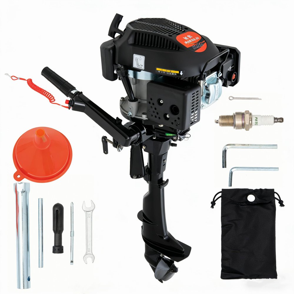 4-stroke 6Hp Outboard Motor, 140CC Gasoline Power Boat Motor Engine with Air-cooling TCI System, Outboard Engine, Mud Motor Kit, Water Power Equipment for Plate Stern Plate Height of 17 Inches Boat