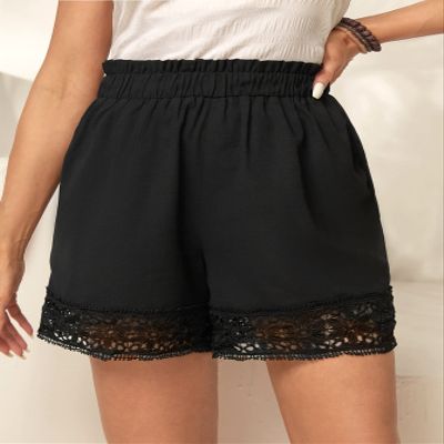 AKIOLOAS Women's Shorts Guipure Lace Hem Paperbag Waist Shorts Women's Shorts Shorts for Women (Color : Black, Size : Medium)