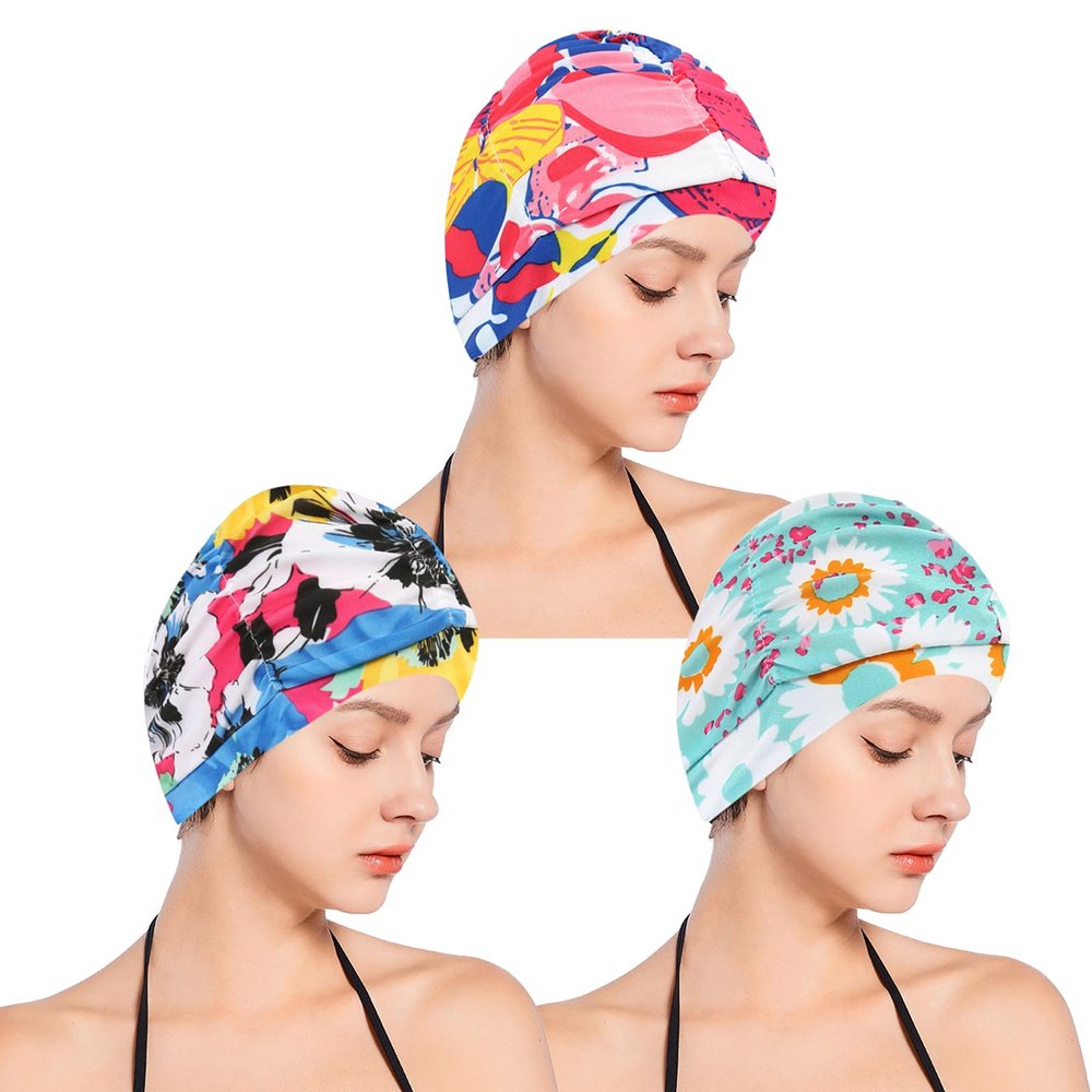 SUNTRADE Women Nylon Swim Caps, Fabric Cloth Pleated Elastic Swimming Cap Bathing Cap Swim Hats for Thick Curly Long Short Hair,3 pcs (Flower)