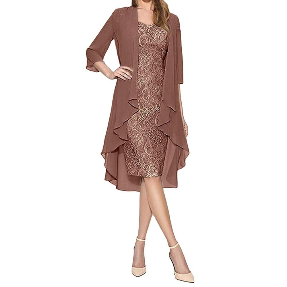 Wedding Guests Dresses for Women 2 Piece Outfit Classy Lace Embroidered Cocktail Party Midi Dress with Shawl Wraps Coffee