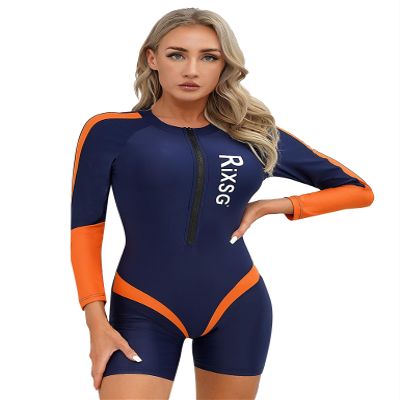 Moggemol Women's Boyleg One Piece Rash Guard Swimsuit UPF 50+ Long Sleeve Zipper Surfing Athletic Swimwear Navyblue X-Large