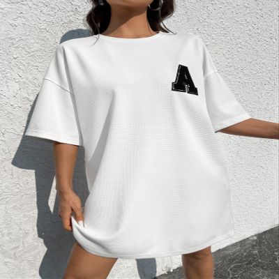 2023 Women's Dresses Letter Patched Drop Shoulder Tee Dress Women's Dresses (Color : White, Size : Medium)