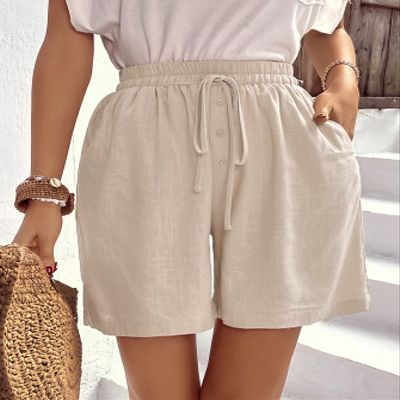 AKIOLOAS Women's Shorts Solid Drawstring Waist Slant Pocket Shorts Women's Shorts Shorts for Women (Color : Apricot, Size : Small)