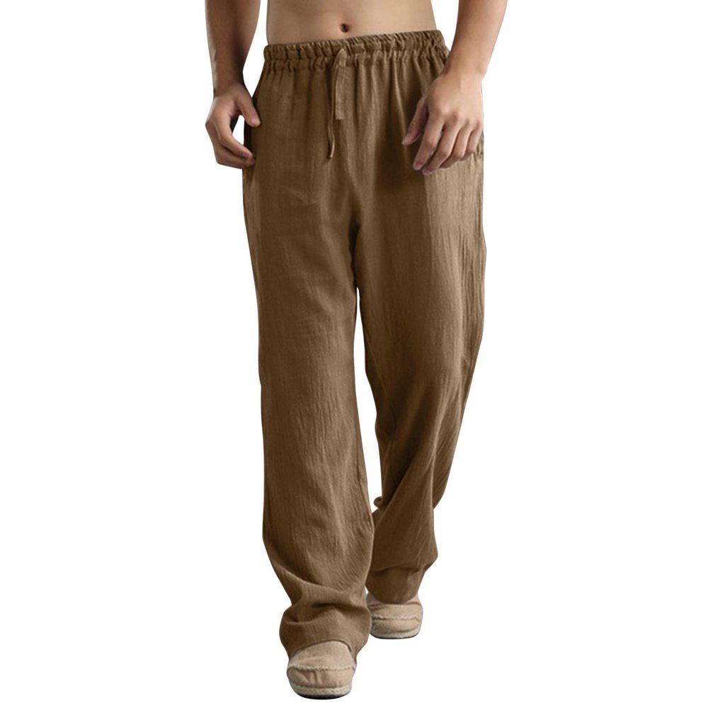 GOKKILRW Mens Cotton Linen Casual Pants Drawstring Elastic Waist Summer Loose Fit Beach Yoga Pants Trousers(Brown,Medium)