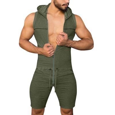 GOKKILRW Mens One Piece Shorts Jumpsuits Summer Casual Sleeveless Slim Fit Zipper Hooded Onesie Workout Rompers Bodysuits(Green,XX-Large)