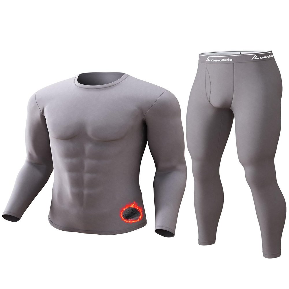 CL convallaria Long Johns Thermal Underwear for Men Soft Fleece Lined Base Layer Cold Weather Top Bottom Gift Set Heavyweight Crew Neck Gray Medium