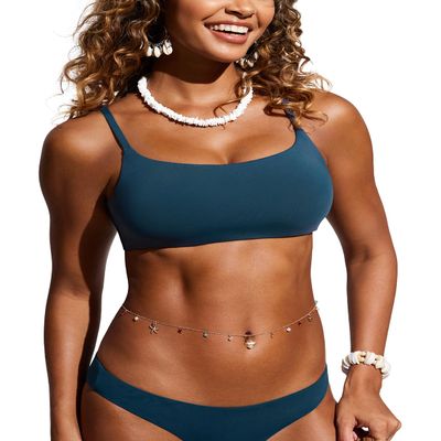 CRZ YOGA Womens Scoop Neck Bikini Tops D-DD Adjustable Spaghetti Straps Bathing Suit Padded Swimsuit Sports Bra Insignia Blue Large