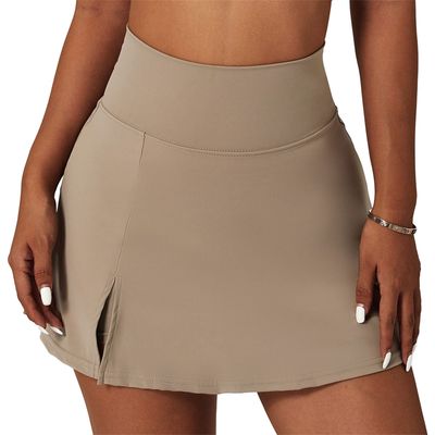 HOULENGS Women's High Waist Tennis Mini Athletic Skirts Golf Sports Workout Running Skirt with Shorts Khaki Medium