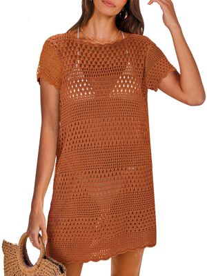 ANRABESS Swimsuit Cover Up for Women 2026 Crochet Bathing Suit Swimwear Mesh Knit Beach Dress Summer Vacation Clothes Large Rust