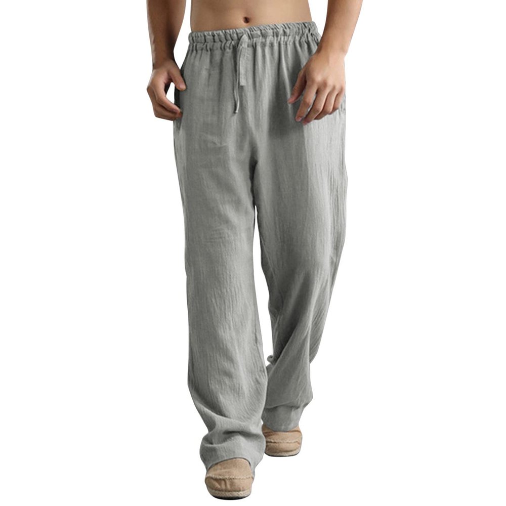 GOKKILRW Mens Cotton Linen Casual Pants Drawstring Elastic Waist Summer Loose Fit Beach Yoga Pants Trousers(Grey,3X-Large)