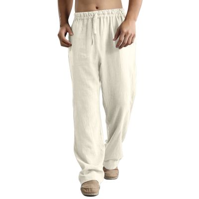 GOKKILRW Mens Cotton Linen Casual Pants Drawstring Elastic Waist Summer Loose Fit Beach Yoga Pants Trousers(Beige,X-Large)