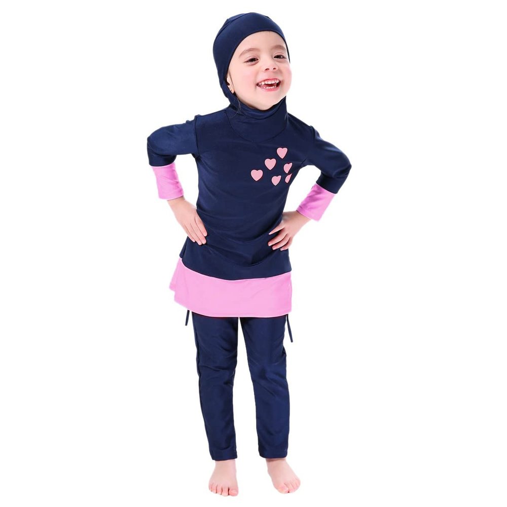 Burkini Swimsuits For Girls Kids Muslim Swimsuit Islamic Hijab Cap Swim Top Pants Modest Full Coverage Swimwear Toddler Long Sleeve Rashguard Beachwear Swimming Suit Bathing Suits Blue + Pink 2-3T