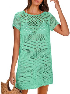 ANRABESS Swimsuit Cover Up for Women 2026 Crochet Bathing Suit Swimwear Mesh Knit Beach Dress Summer Vacation Clothes Small Mint