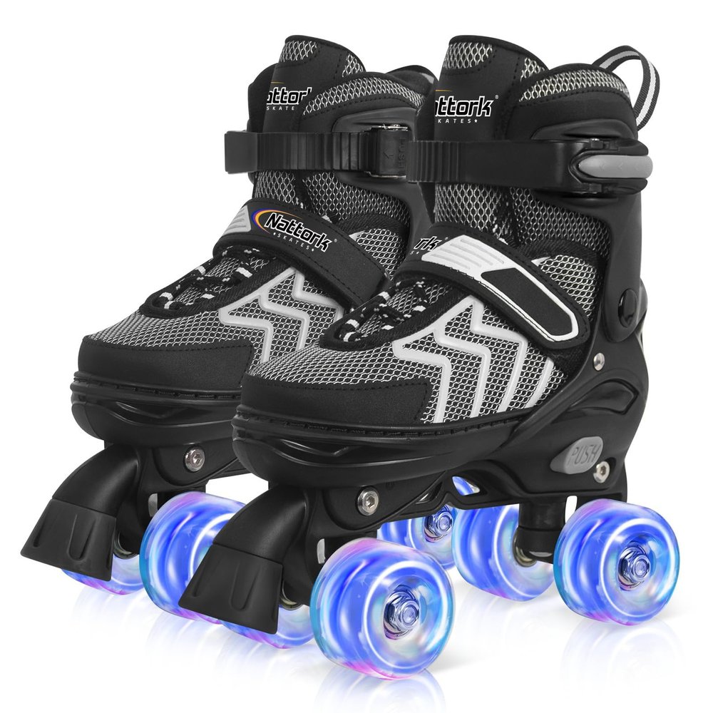 Kids Roller Skates for Boys, Black Adjustable Rollerskates with Light Up Wheels for Teens Youth Ages 8-12 10 11 12, Beginners Outdoor Sports, Best Birthday Gift for Kids
