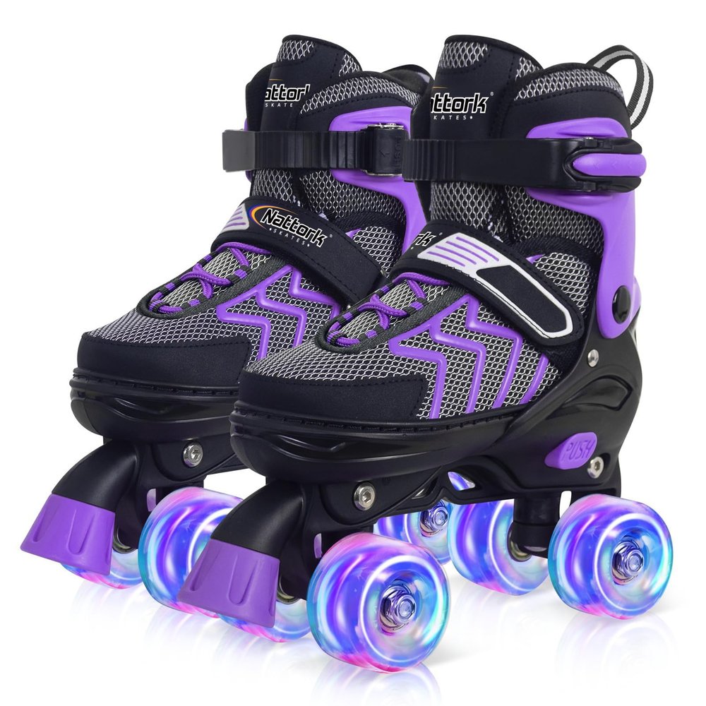 Purple Adjustable Rollerskates with Light Up Wheels for Girls Ages 6-12, Best Outdoor Sports Gift