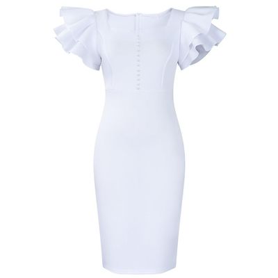 Women's Peplum Bodycon Dress Sexy Sweetheart Neck Short Sleeve Office Work Midi Pencil Dress Ruched Summer Dresses White