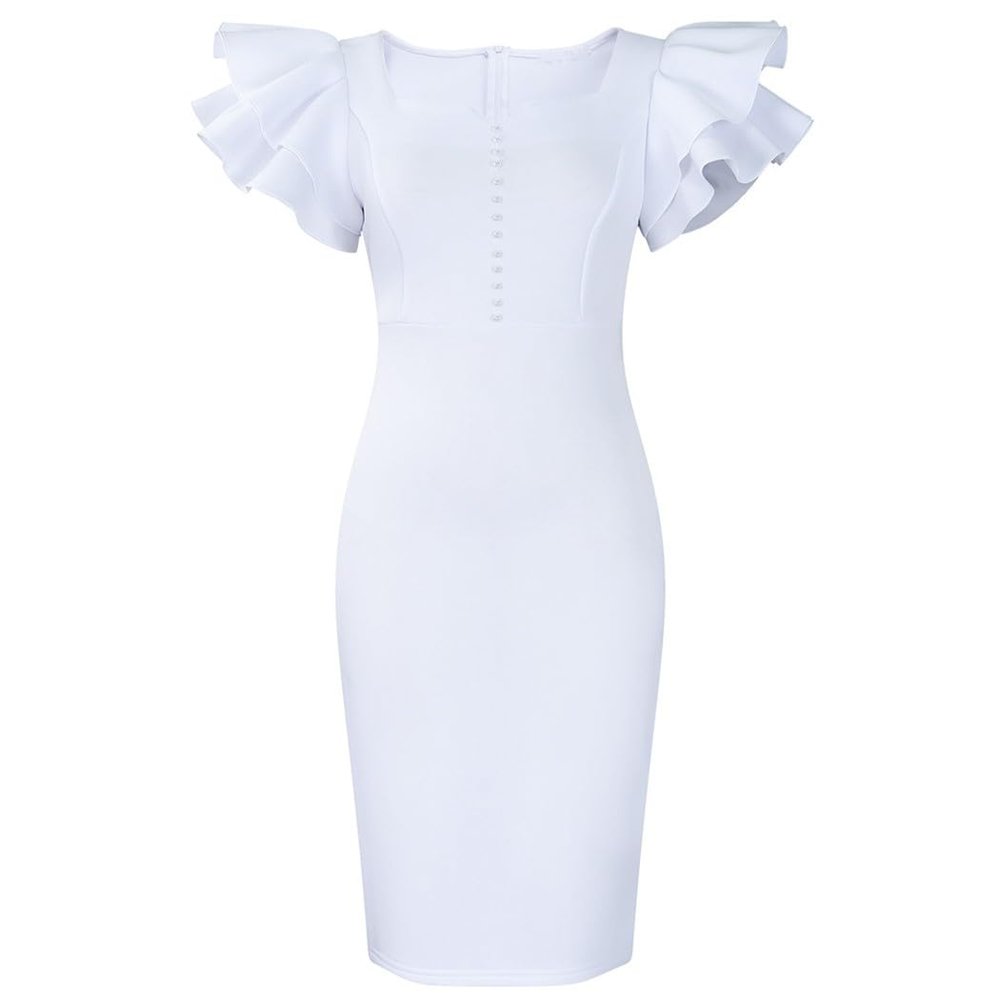 Women's Peplum Bodycon Dress Sexy Sweetheart Neck Short Sleeve Office Work Midi Pencil Dress Ruched Summer Dresses White