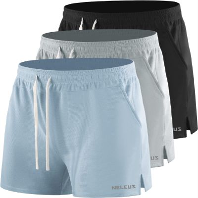 NELEUS Men's 3 Pack Running Shorts with Pockets,3D Honeycomb Thick Fabric,6112, Black/Light Grey/Light Blue,S