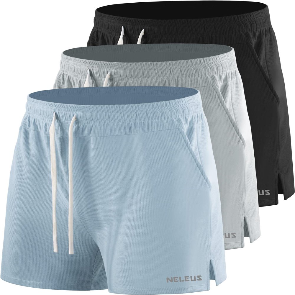 NELEUS Men's 3 Pack Running Shorts with Pockets,3D Honeycomb Thick Fabric,6112, Black/Light Grey/Light Blue,S