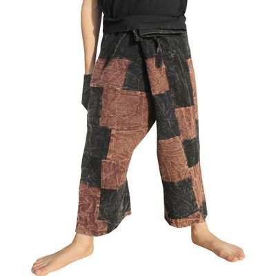 RaanPahMuang Thai Fisherman Shorts Boys/Girls, Loose Yoga, Pirate, Harem Pants, Natural Fabrics, Unisex Kimono Pants, 3 Years-4 Years, Thick StonewashMuang Cotton - Patch - Black with Brown